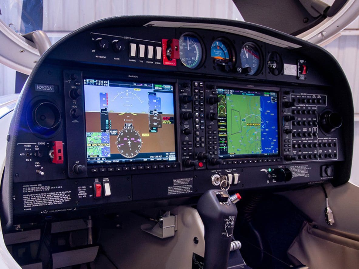 A view of the cockpit of an airplane.